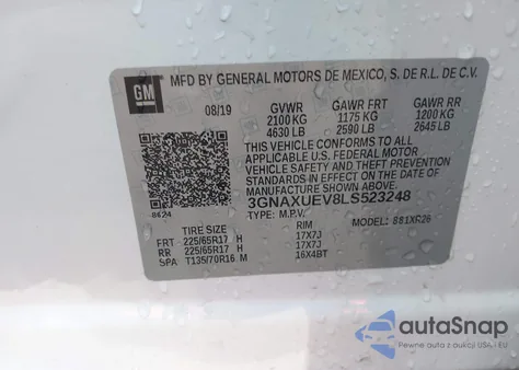 2020 Chevrolet Equinox Awd Lt 1.5L Turbo from USA, damaged, VIN 3GNAXUEV8LS523248